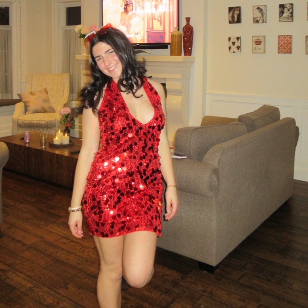 SHEIN Red Sequin Halter Dress